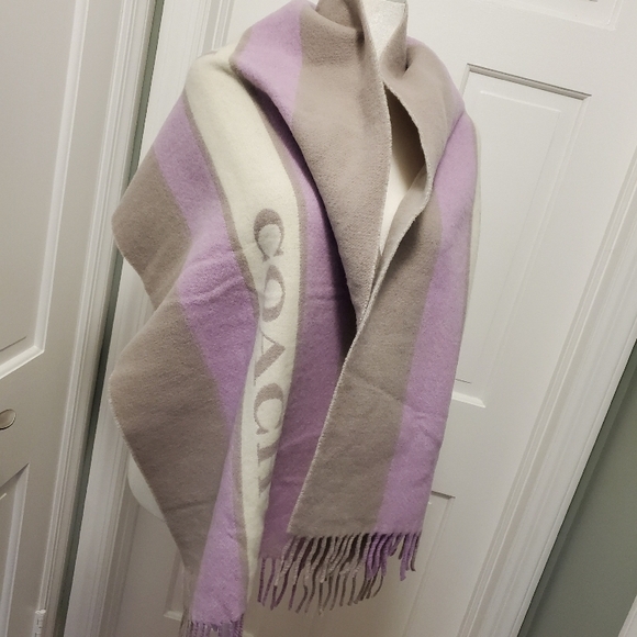 Coach Varsity Stripe Grey/Violet Orchid Large Scarf/ Wrap W/Fringe 100% Wool - Picture 3 of 8